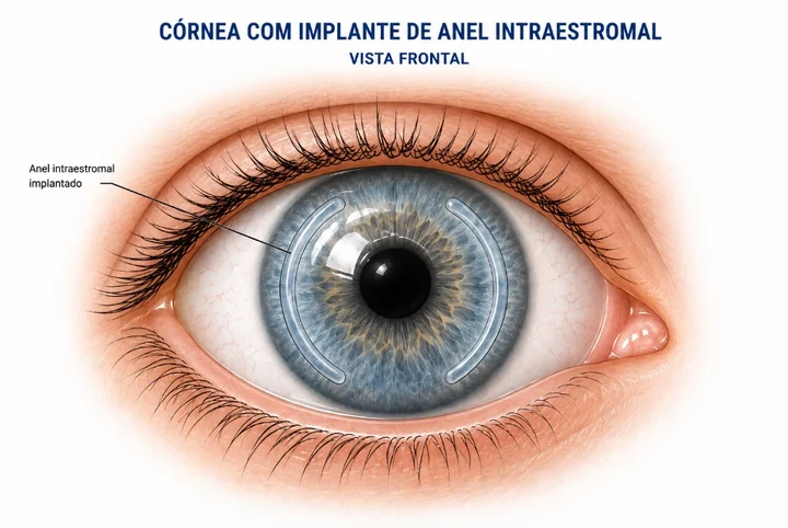 Ilustração de córnea com implante de anel intraestromal, em vista frontal.