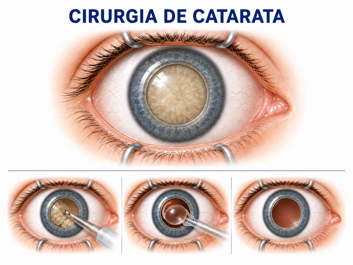 Ilustração da cirurgia de catarata: o cristalino opaco e as etapas da facoemulsificação com implante da lente.