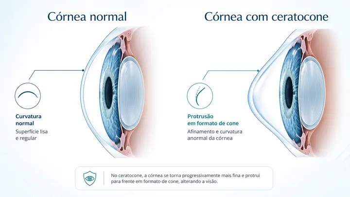 Olho com ceratocone: afinamento e deformação da córnea visíveis em corte transversal