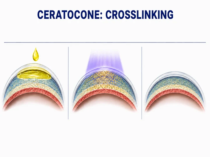 Ilustração do crosslinking de córnea, em três etapas: aplicação de riboflavina, luz ultravioleta e córnea estabilizada.