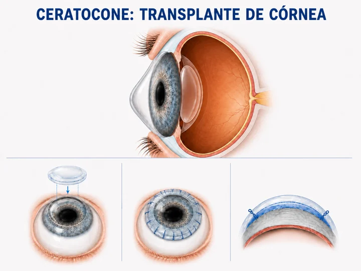 Ilustração do transplante de córnea no ceratocone, com o corte anatômico e as etapas do procedimento.