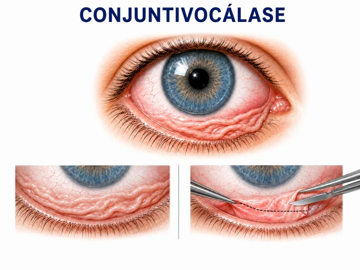 Ilustração de conjuntivocálase: excesso de conjuntiva e a etapa cirúrgica de ressecção.