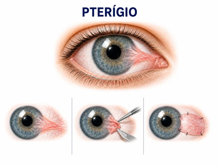 Ilustração de pterígio invadindo a córnea e as etapas da cirurgia de remoção com transplante de conjuntiva.