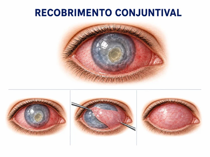 Ilustração de recobrimento conjuntival sobre a córnea, mostrado em etapas.