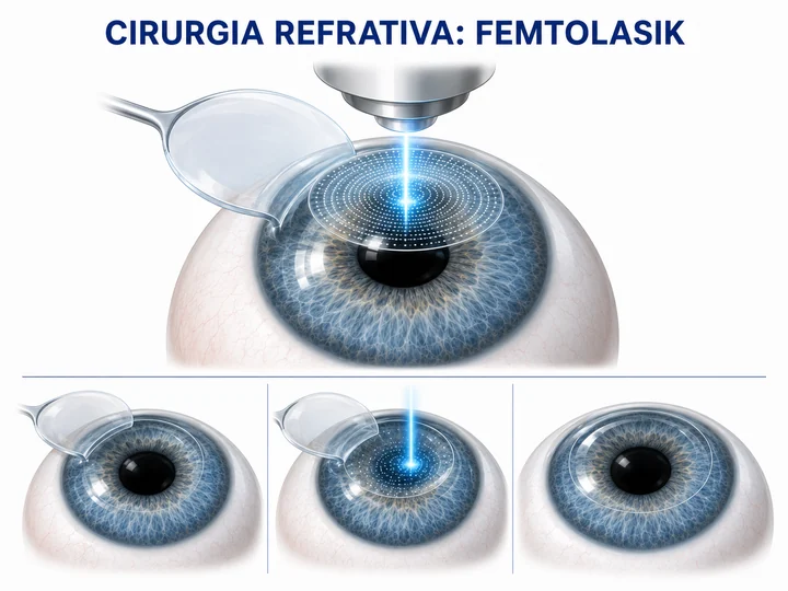 Ilustração da cirurgia refrativa Femtolasik, com criação do flap por laser de femtosegundo.