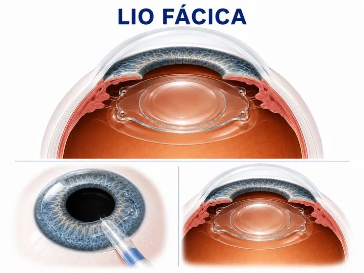 Ilustração de LIO fácica, lente intraocular implantada sem tocar a córnea.