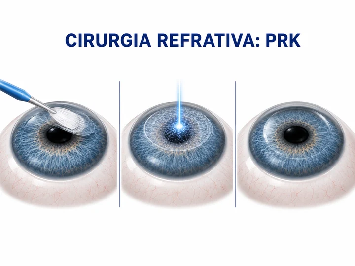 Ilustração da cirurgia refrativa PRK, em três etapas sobre a córnea.
