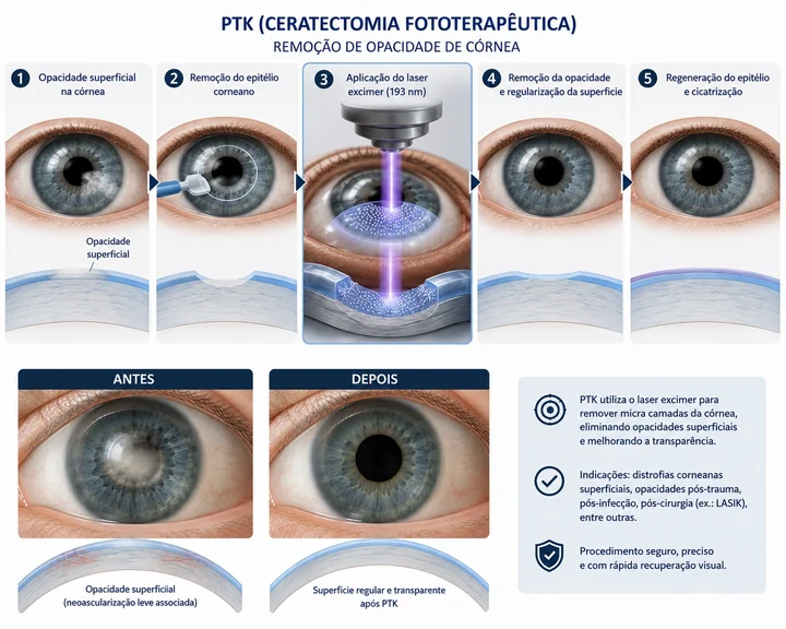 Ilustração da PTK (ceratectomia fototerapêutica), em cinco etapas de remoção de opacidade da córnea, com antes e depois.