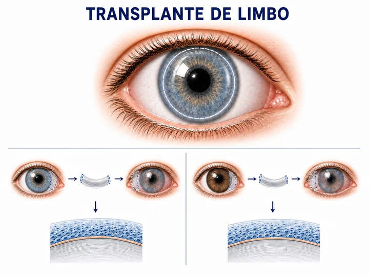 Ilustração de transplante de limbo: a área do limbo corneano e as etapas do procedimento.