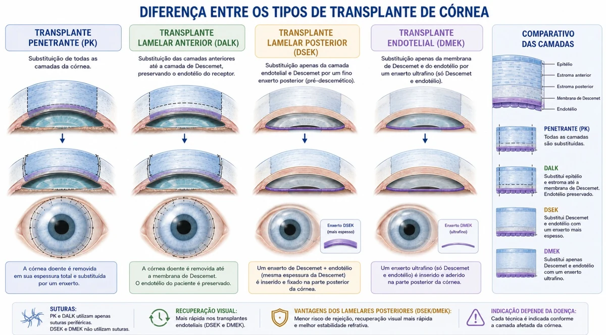 Comparativo entre os tipos de transplante de córnea: penetrante (PK), lamelar anterior (DALK), lamelar posterior (DSEK) e endotelial (DMEK).